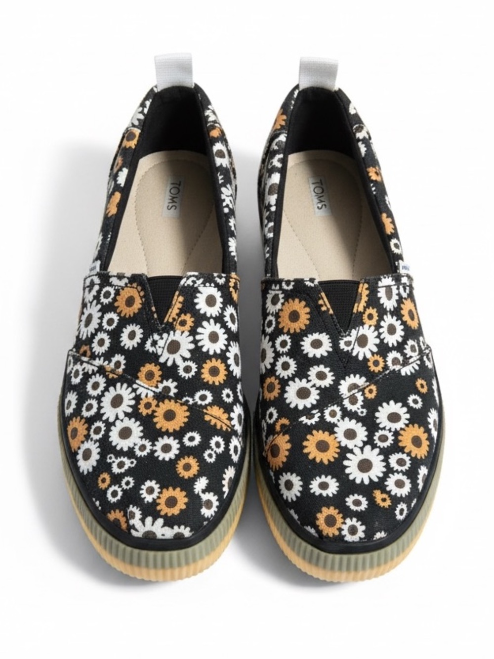 TOMS Floral Slip On Sneakers Black Daisy Print Casual Platform Shoes Size 8.5